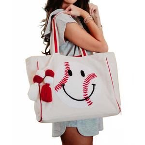 NEW KATYDID baseball oversized happy face canvas tote bag in beige cancas